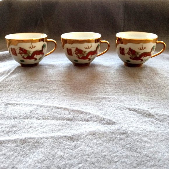 Vintage Tea Cups Dragon Phoenix  Chinese Gold Trim 3 Piece Tea Cups - Picture 2 of 7